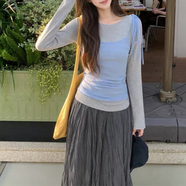 Wholesale autumn 260g rayon + 40D mesh elegant long-sleeve t-shirt for women, Korean style two-piece top set Wholesale autumn 260g rayon + 40D mesh elegant long-sleeve t-shirt for women, Korean style two-piece top set