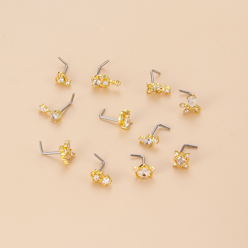 New Trendy European And American Piercing Jewelry Heart Flower Shaped Zircon Stainless Steel L Rod Nose Stud Fashion_voghion.com