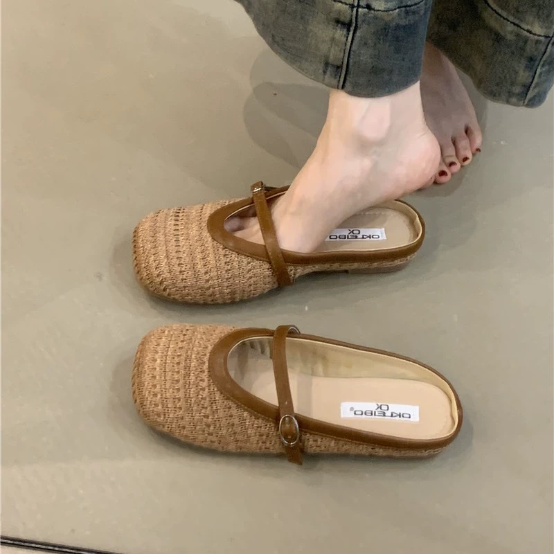 Женские полусабо с плетеным носком в ретро стиле, летний отдых 2025, льняные, бохо, мюли