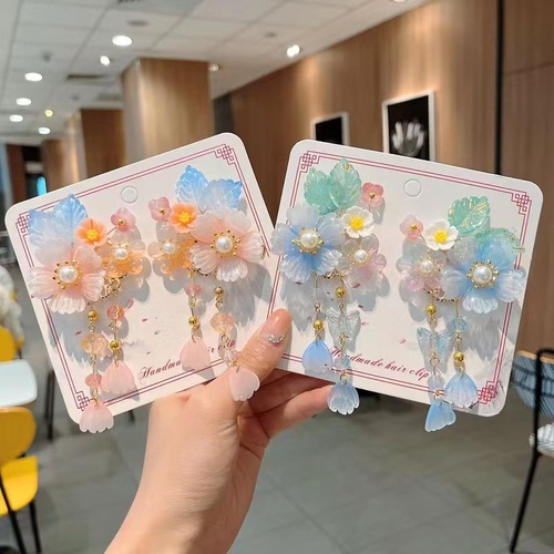 Children's Hanfu headdress pairs of flowers clip headdress ancient style hair clip accessories fairy-style hair clip hair accessories step by step shaking tassels