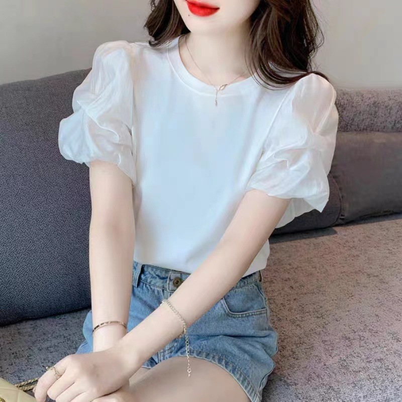 Summer shiffon design elegant T-shirt with a round collar