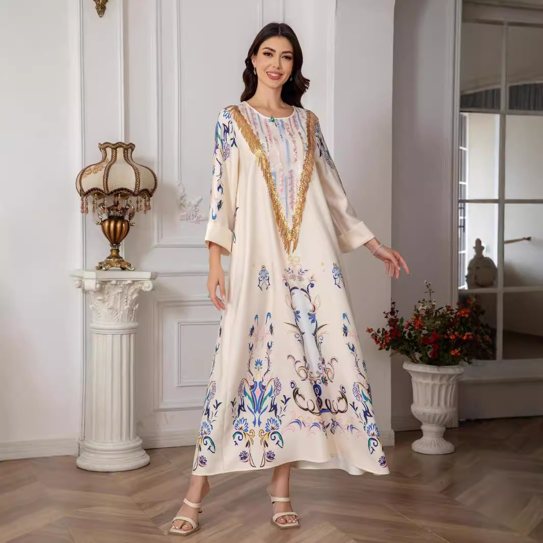 SW0811 Middle East Muslim Women's Long Robe European And American Cross-Border Printed Evening Abaya Dress_ecoleips.com