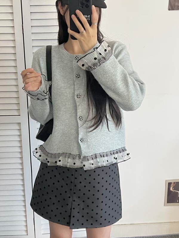 2025年女装春季新款韩系洋气针织开衫波点图案宽松慵懒风女式毛衣|undefined