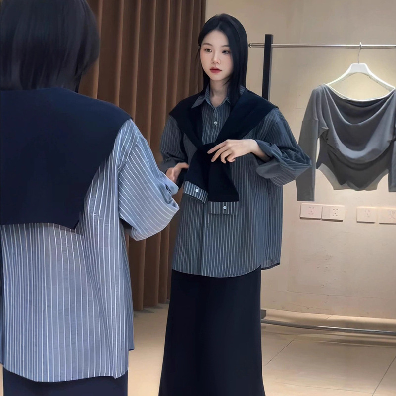 大码秋季韩系洋气时尚显瘦三件套半身裙披肩衬衫套装女胖mm240斤|undefined