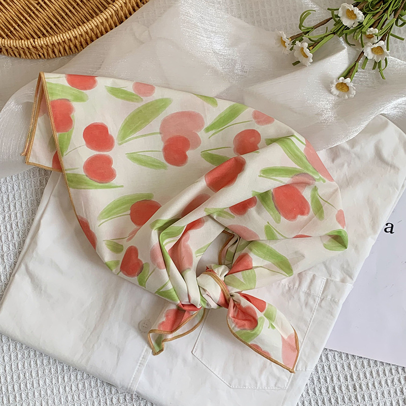 Bufanda de seda, bufanda cuadrada pequeña, nueva bufanda de seda literaria fresca, bufanda, bolso floral dulce, pañuelo en la cabeza, cinta para el cabello, serpentinas para el cabello