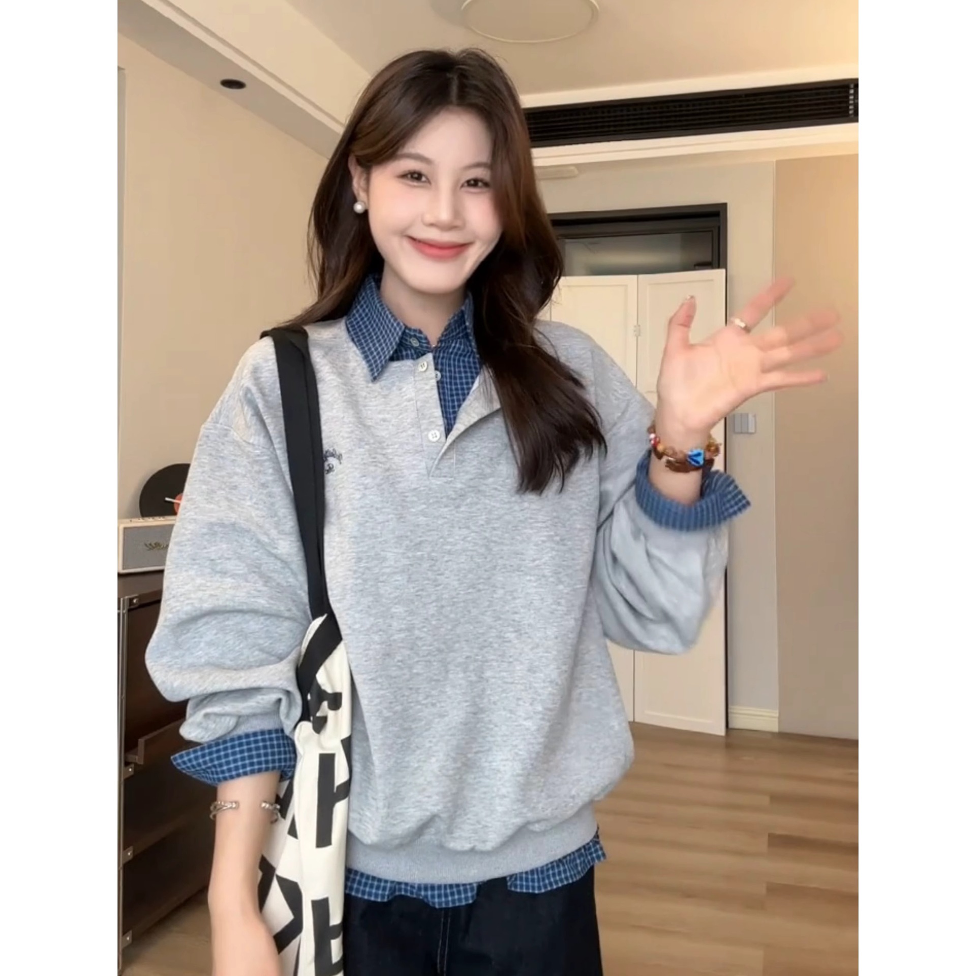 [Cottonhua Cotton Composite] Gaozhi Design Fake Two-Piece Splicing Gray Sweatshirt for Women, Versatile Loose Long-Sleeved Top