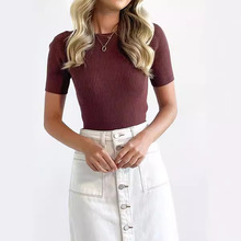2024亚马逊欧美女装短袖圆领T恤夏季罗纹针织毛衣修身纯色T女士