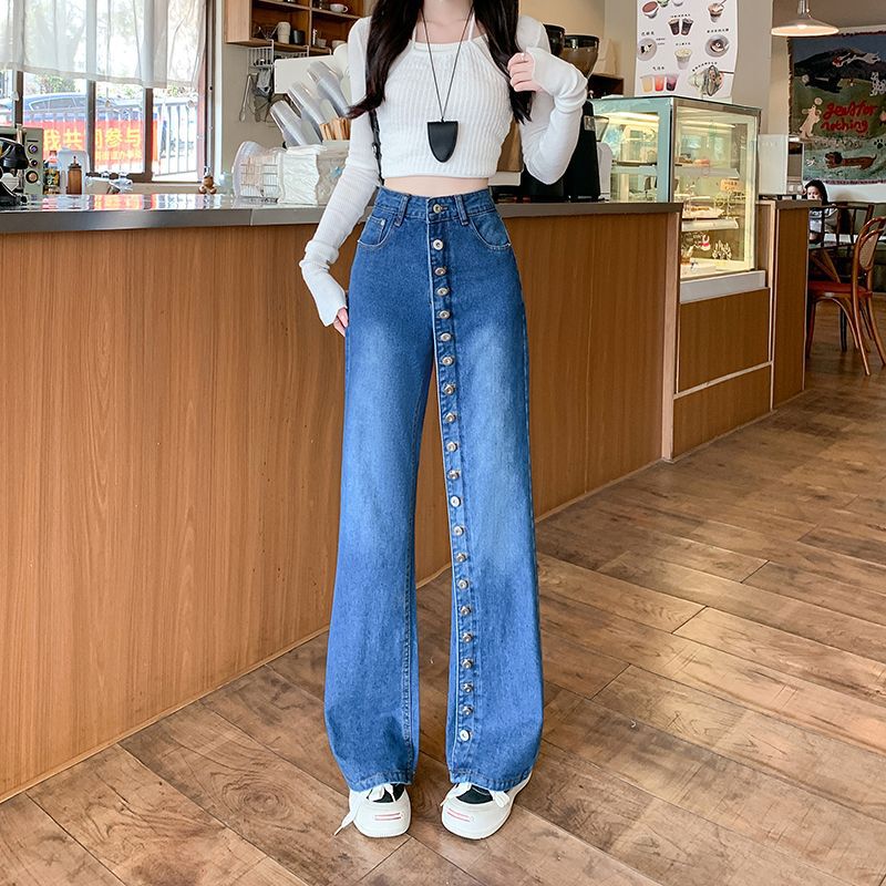 Distinctive Street American Style Multi-button Straight Leg Jeans Women's Spring and Autumn Slimming High Waist Heavy Industry Wide Leg Long Pants Distinctive Street American Style Multi-button Straight Leg Jeans Women's Spring and Autumn Slimming High Waist Heavy Industry Wide Leg Long Pants