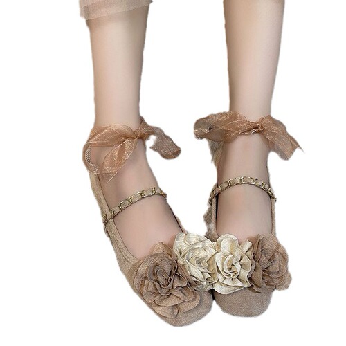 Women's flat shoes  new square toe shallow mouth retro brown flower slip-on suede ballet shoes