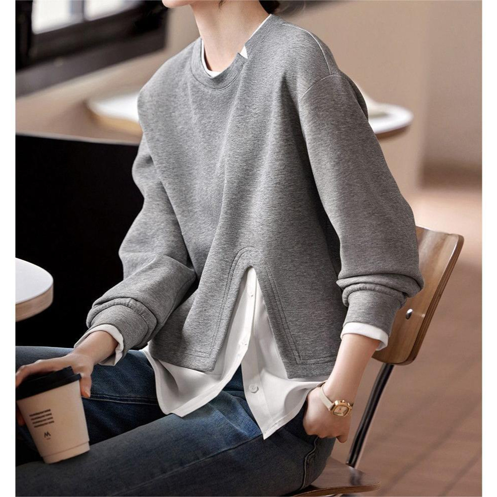 Gray round neck sweater women's spring design sense niche stitching contrast color fake two-piece inner top