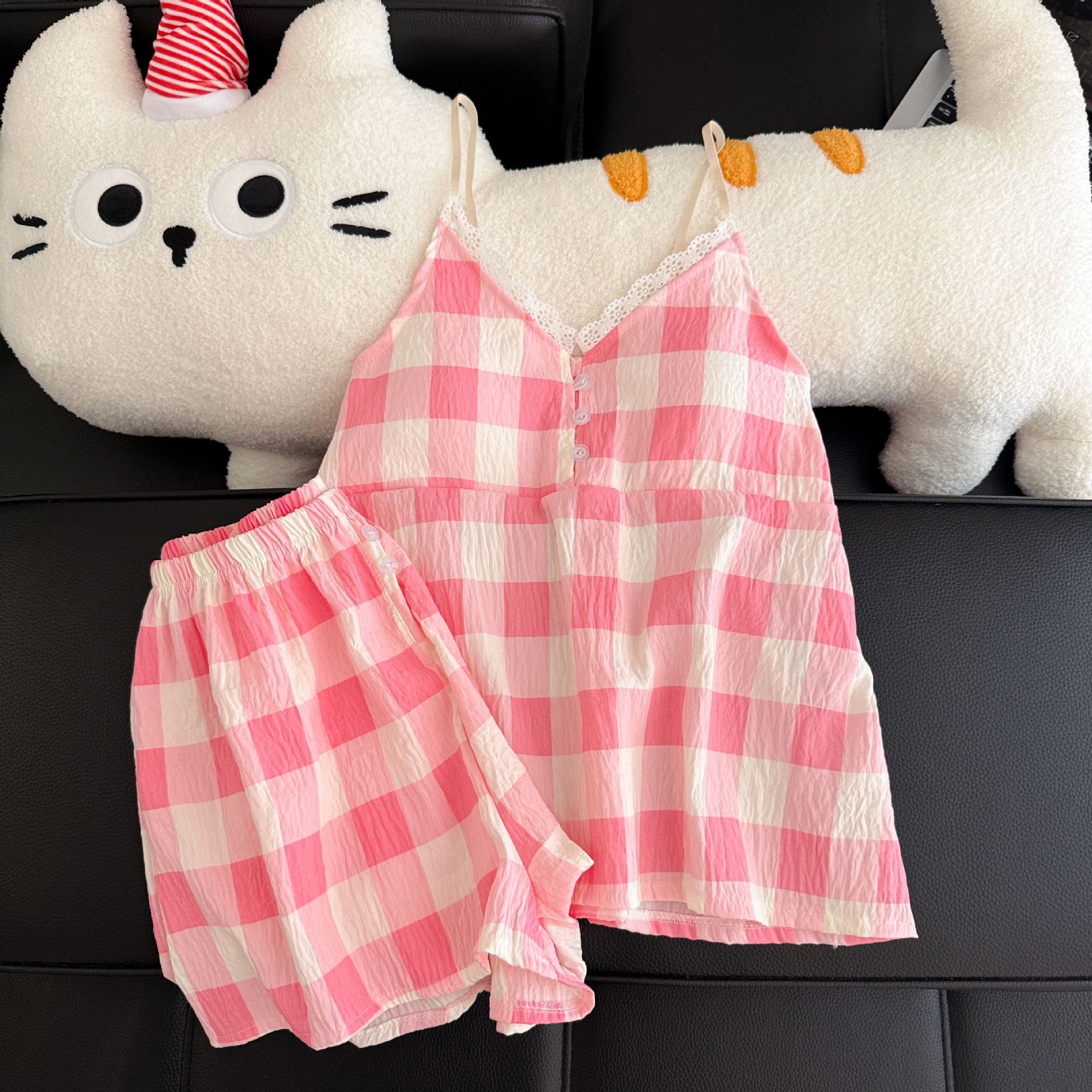 Pantalones cortos con cojín de pecho al por mayor transfronterizo pijamas de verano nuevo algodón nublado dulce conjunto de ropa de casa a cuadros