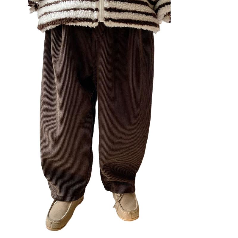 어린이 바지 2024 겨울 세트 어린이 원피스 벨벳 코듀로이 바지 따뜻한 기모 소년 소녀를위한 캐주얼 바지