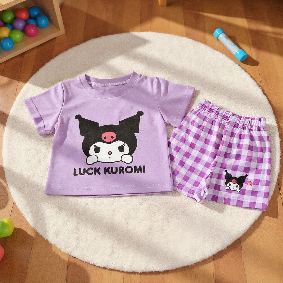 Girls 2025 Summer Korean Style Cartoon Short Sleeve T-Shirt Plaid Shorts Cartoon Cute Short Sleeve Two-Piece Suit