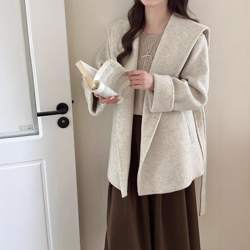 College Style Navy Collar Petite Lace-Up Double-Sided Wool Coat for Women, Atmospheric Woolen Jacket Trendy