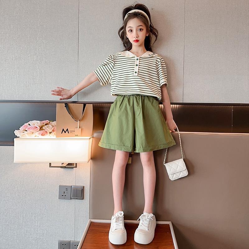 Koreanische Version 2024 Neue Kinderpuppe Hals Kurzarm Modische Mädchen Sommer Streifen Zweiteiler_voghion.com