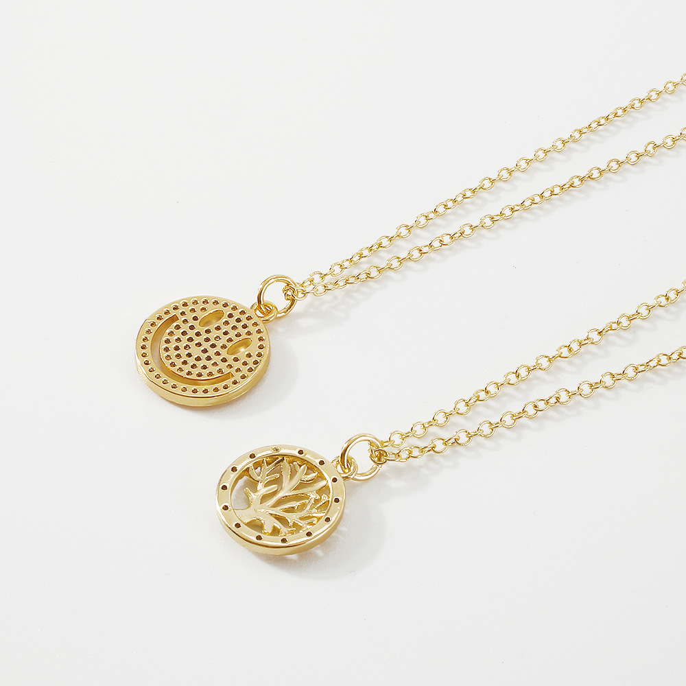 simple inlaid copper zircon disc hollow smiley tree of life necklace
