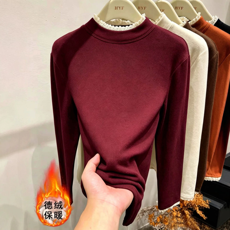 New Bayer velvet lace trim base layer top for women, autumn/winter new style, brushed double-sided fleece, stand-up collar, long-sleeve T-shirt New Bayer velvet lace trim base layer top for women, autumn/winter new style, brushed double-sided fleece, stand-up collar, long-sleeve T-shirt