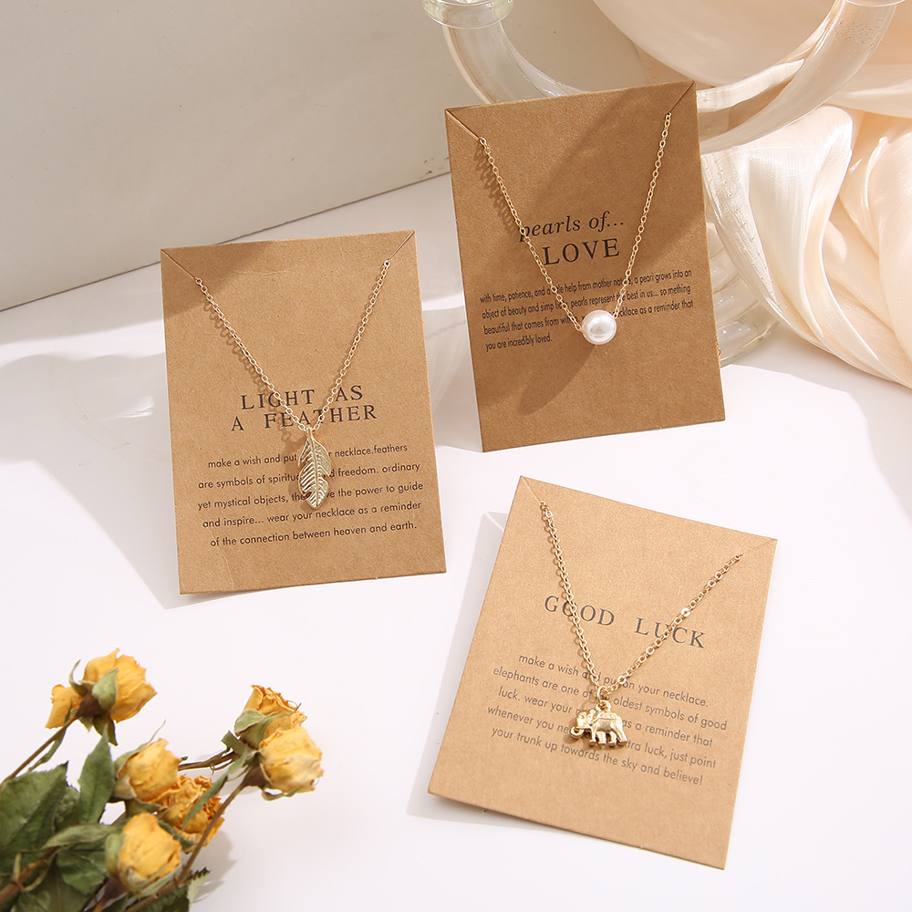 creative pearl feather retro letter paper card butterfly elephant cat necklace wholesale