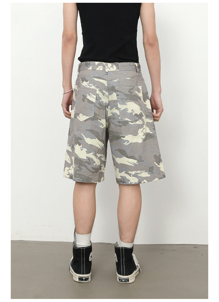 Quần short nam denim họa tiết rằn ri phong cách công sở đi biển — Màu trắng, Màu đen, Màu đất gỉ sét, Ngụy trang màu mơ chi tiết 16