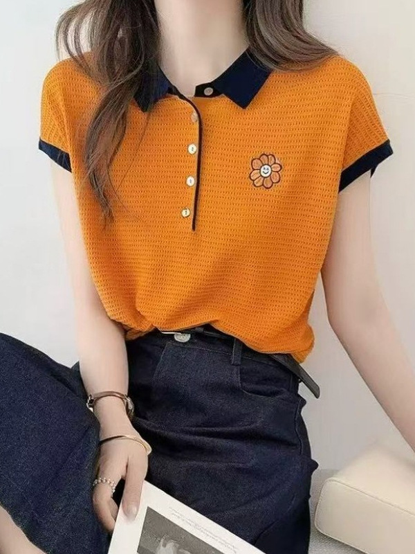 スマイリーフェイスひまわり刺繍薄手半袖セーター夏の気質スリムハーフブレストカラーブロックラペルトップ女性用|undefined