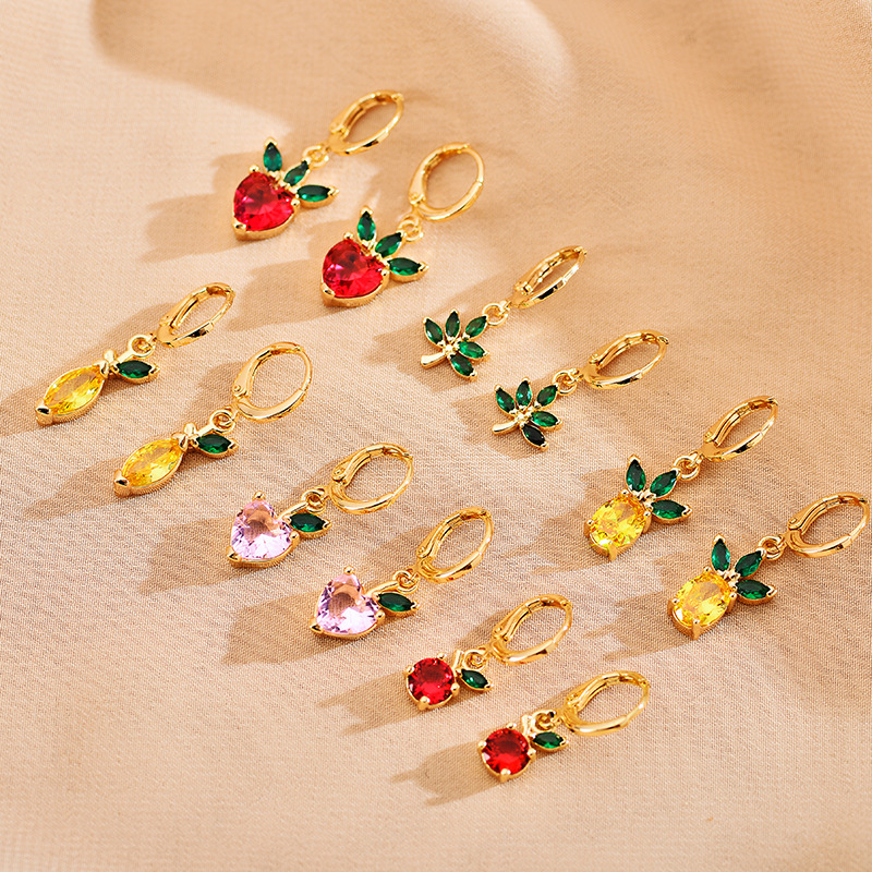 Drop Earrings Classification 1 Pair Quantity 1 Pair Elegant Leaves Heart Shape Strawberry Inlay Copper Zircon Drop Earrings