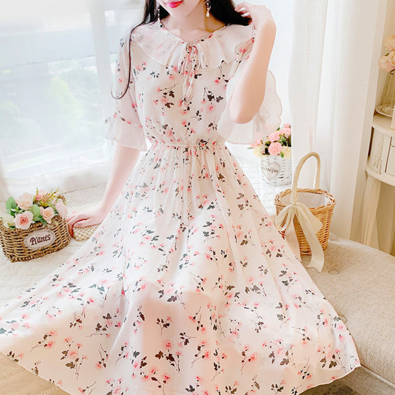 2024 new plus size chubby girl summer long sweet doll collar fashion floral chiffon fairy dress
