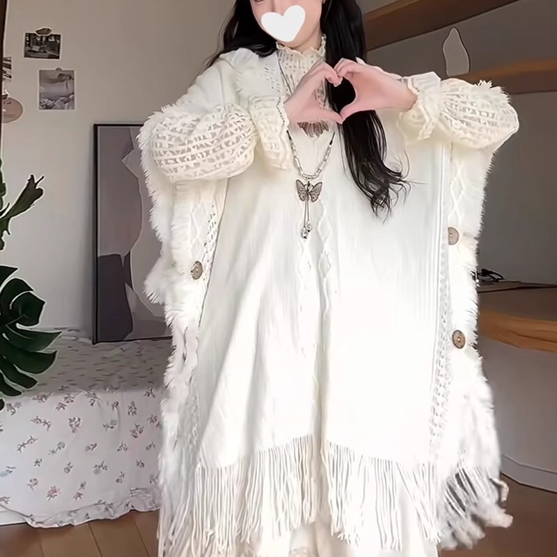 Bohemian Tassel Hooded Knit Sweater with Cape for Women, Popular on Social Media in Lijiang, Yunnan
