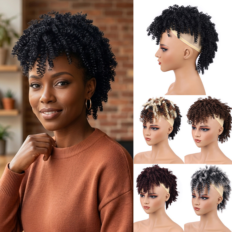 Cross-border wholesale African afro fashion small curly hair wigs, black Mohawk ponytail curly hair extensions