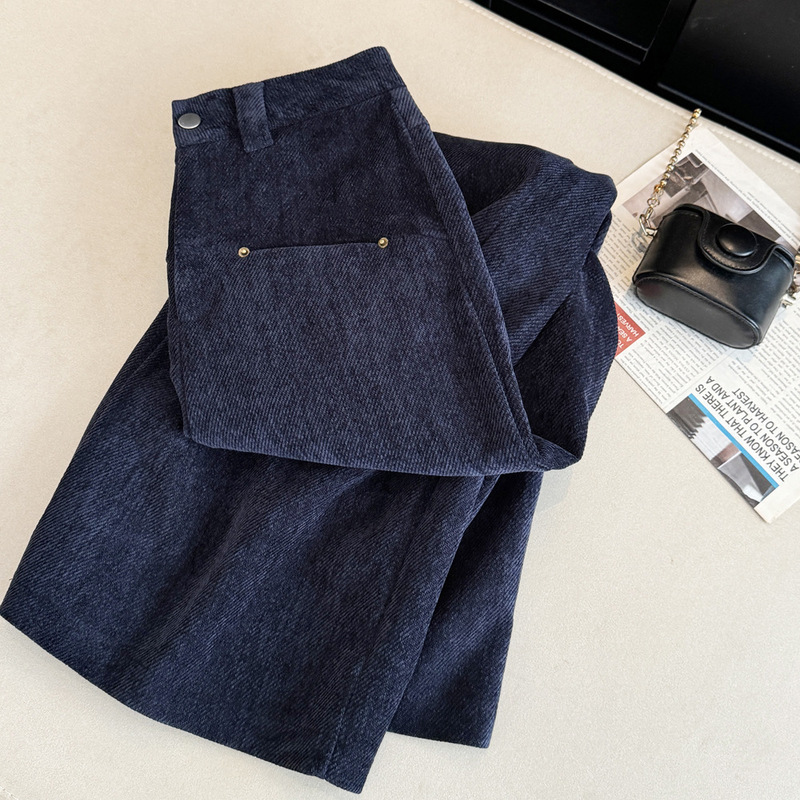 Blue Slim Straight Corduroy Casual Pants for Women, Autumn and Winter Versatile Pear-Shaped Slimming High-Waisted Straight Loose Long Pants