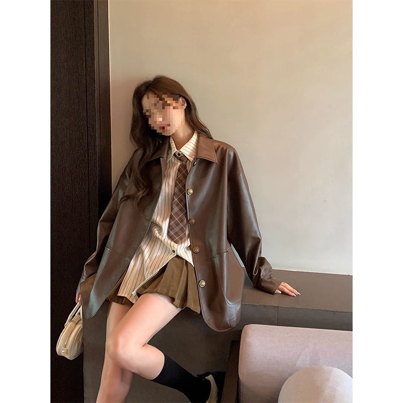 韩系咖色长袖休闲pu皮衣外套女春秋季新款复古美拉德宽松百搭夹克|undefined