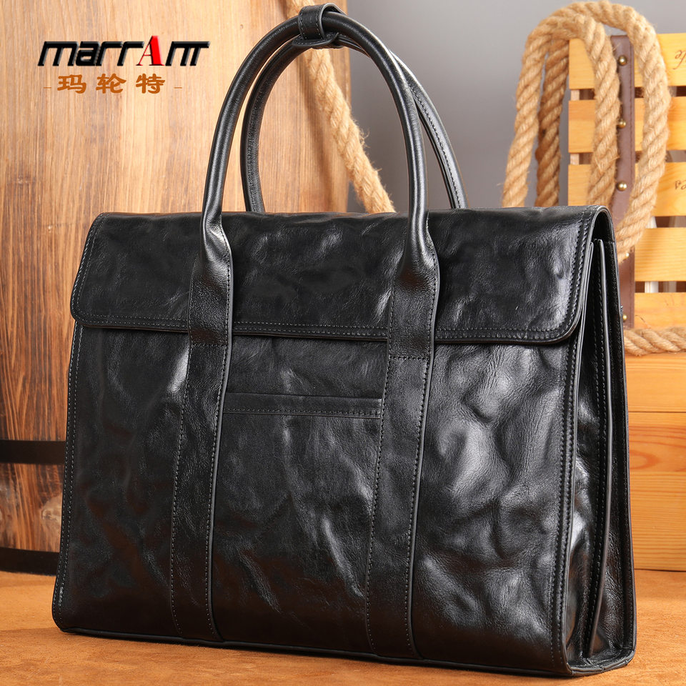 Cặp da nam Malute túi xách tay công sở da bò thật dung tích lớn đựng laptop 14 inch — Màu đen vân phẳng, Màu đen