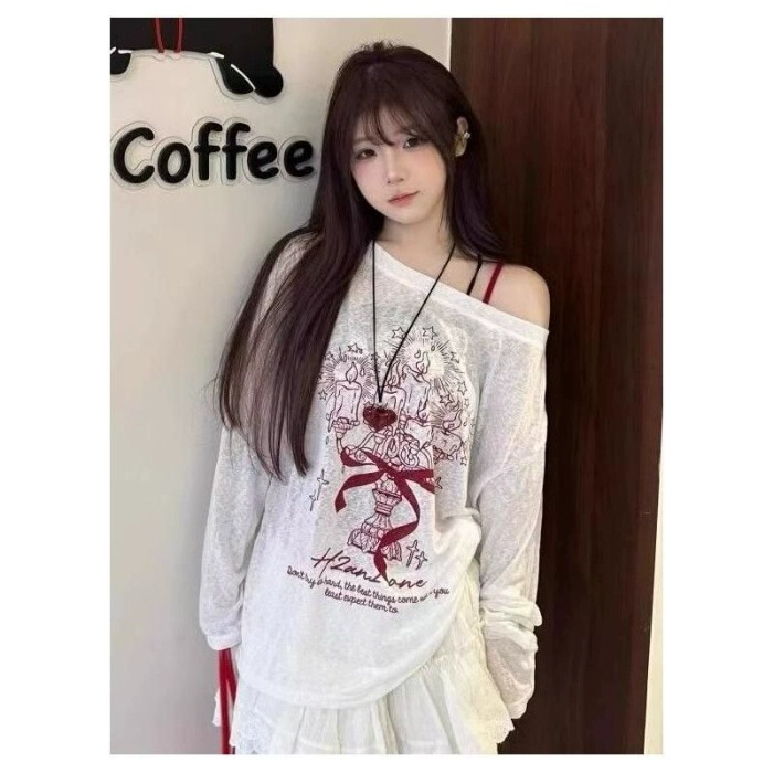 2081fs American Graffiti Print Crossover Shoulder T-Shirt Women's New Thin Sunscreen Blouse Loose Shoulder Long Sleeve Top