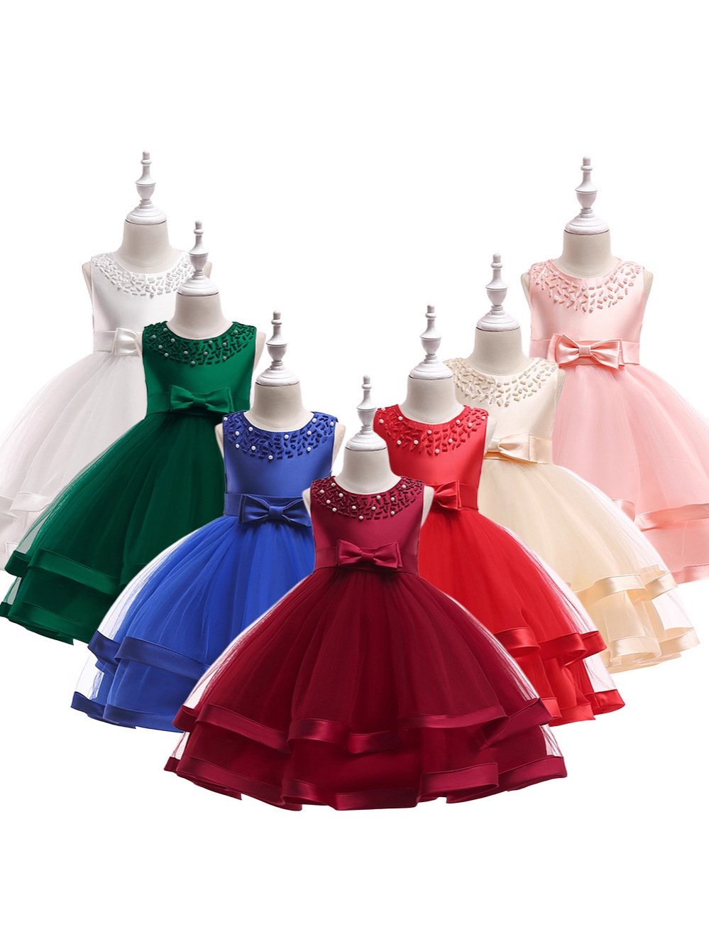 Children's Dress Princess Dress Round Neck Beaded Cake Tutu Skirt Ribbon Flower Girl Wedding Dress Birthday Party Evening Dress