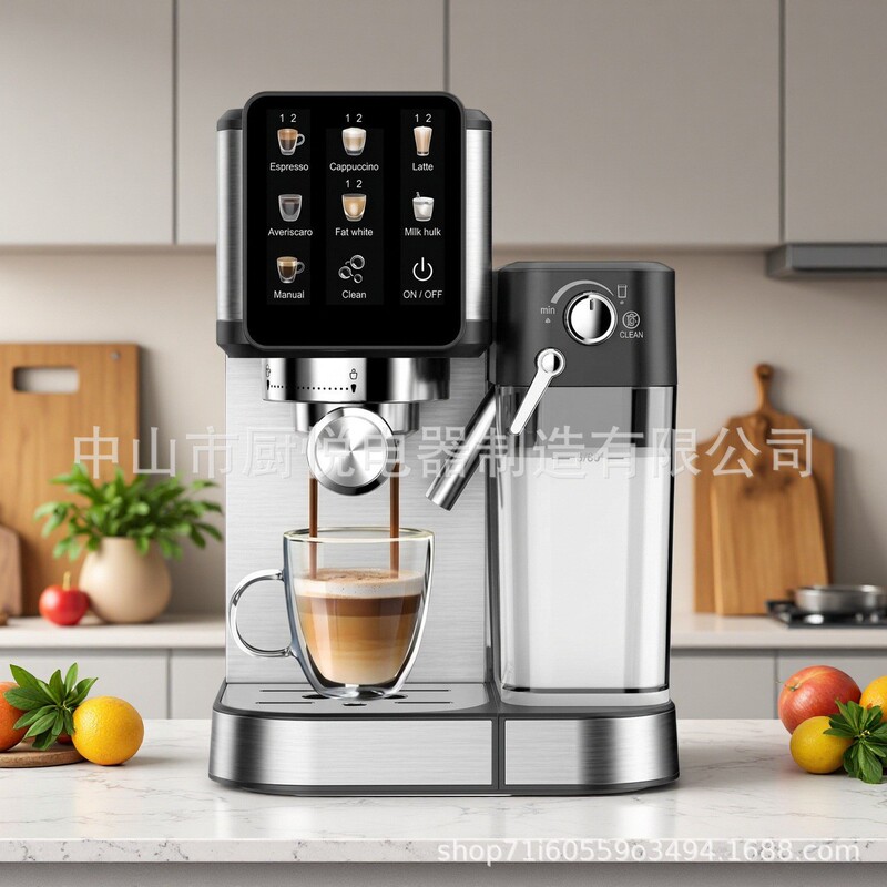 Foreign trade coffee machine, stainless steel, fully automatic, with detachable milk frother, one-button operation for making espresso, cappuccino, and latte Foreign trade coffee machine, stainless steel, fully automatic, with detachable milk frother, one-button operation for making espresso, cappuccino, and latte