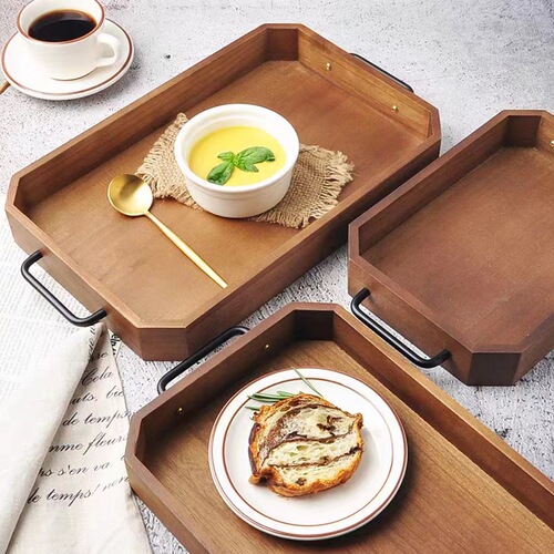 ins retro rectangular Nordic American Korean solid wood iron handle tea tray coffee cup dining solid wood tray