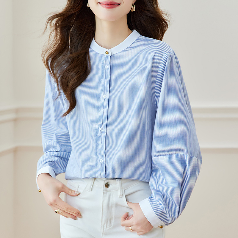 K Blue Striped Shirt, Women's Long Sleeved New Round Neck Top, Fashionable And Versatile, Loose And Slimming Shirt_ecoleips.com
