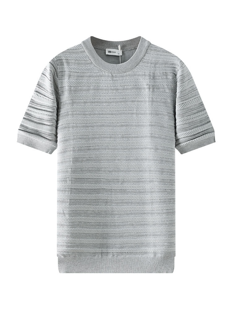 Hombres viejos dinero negocio agujero textura camiseta de punto de seda de hielo para hombre 2026 verano de alta calidad cuello redondo mangas cortas ropa de hombre