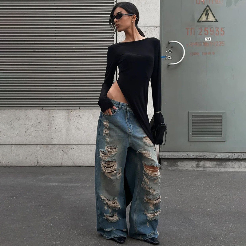 Slit Dress Dresses Type Wholesale Women's Streetwear Slit Dress Solid Color Holiday Round Neck Long Sleeve Slit Dress