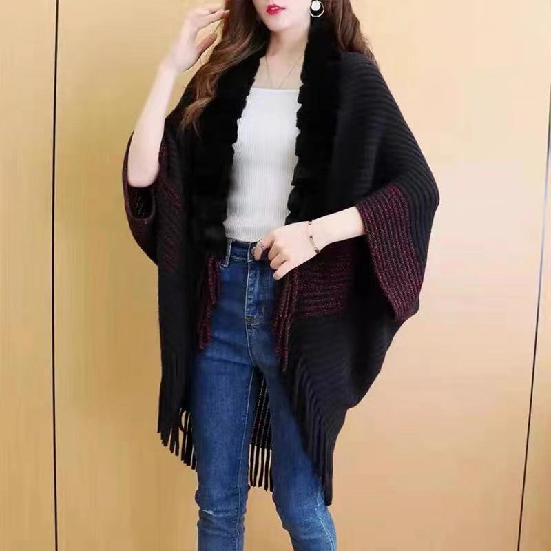 Lös pälskrage fransar stickad sjal cape stor storlek kofta cape kappa kvinna_voghion.com