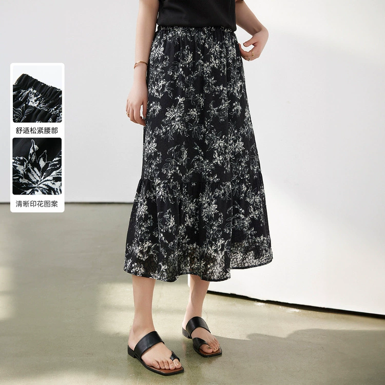 Полноцветное шоу большой размер женской ретро-литературной печати, покрывающий тонкую черную юбку, толстую mm2024 летнюю одежду новый