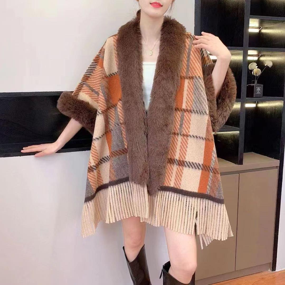 Lockerer Wollkragen mit kariertem Quasten-Strickschal-Umhang in großer Größe, Strickjacke, Pullover, Mantel für Damen_voghion.com