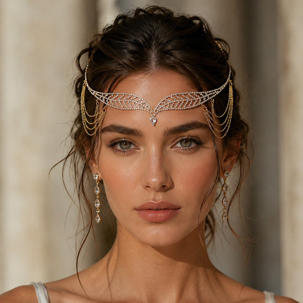 Greek-Style Leaf-Shaped Hair Accessory with Diamonds, Full of Diamonds and Tassels, Golden Forehead Chain, Exotic Style Bridal Hair Accessory, Hair Chain