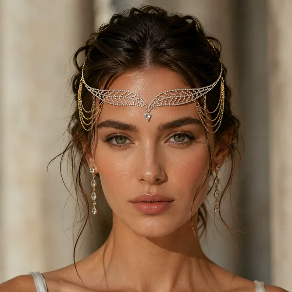 Greek-Style Leaf-Shaped Hair Accessory with Diamonds, Full of Diamonds and Tassels, Golden Forehead Chain, Exotic Style Bridal Hair Accessory, Hair Chain