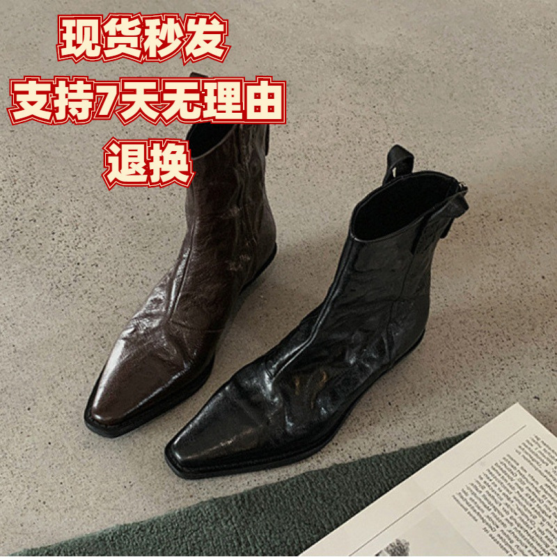 Sheepskin edition ~ Washed leather thick heel Martin boots Women's winter pointed high heels Western ankle boots French small ankle boots single boots