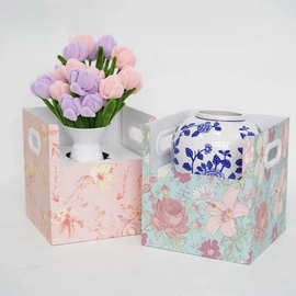 红简约双把手盆栽瓶花盒网红鲜花盆栽手提盒花艺插花包装盒手提盒