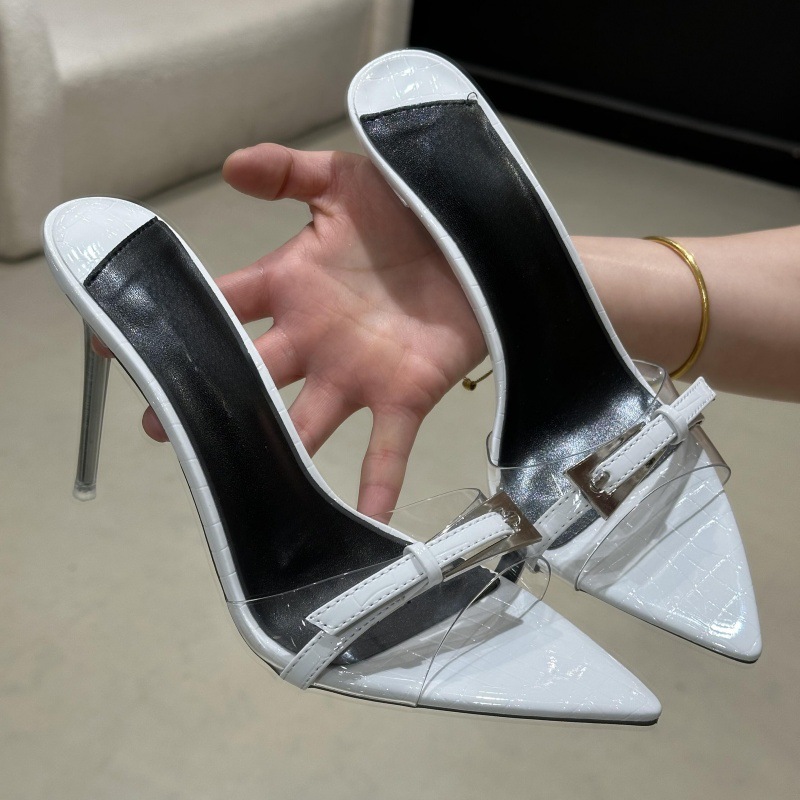 One-Line Royal Sister Pointed Toe Transparent Belt Buckle Stiletto Slippers Summer New Style Beautiful Crystal High Heels for Outer Wear