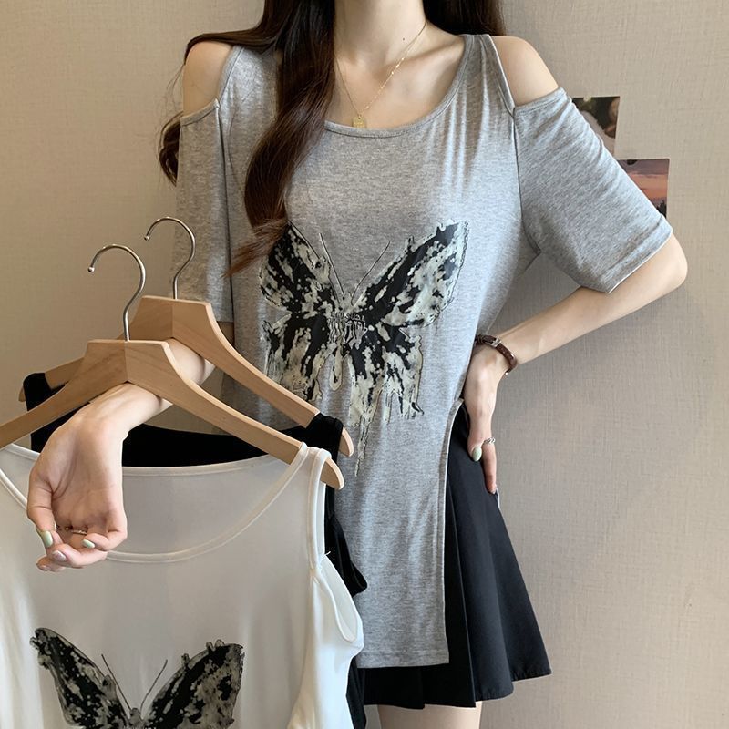 Camiseta de manga corta sin tirantes con estampado de mariposa de gran tamaño para mujer 2024 verano nuevo estilo suelto y delgado top de mm para mujer image 3