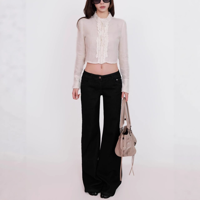 Twine Off-White Lace Patchwork Pleated Textured Slim-Fit Short Long-Sleeved Top