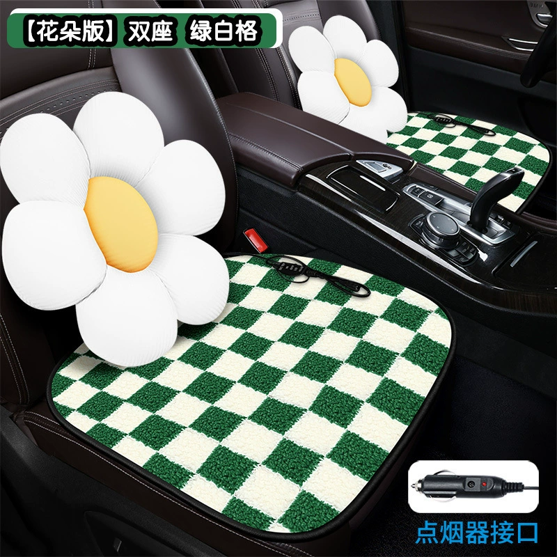 Heated car seat cushion, flowered cartoon design, USB or cigarette‑lighter, single/double sizes