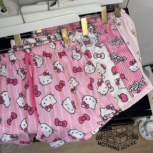 Pink Kitty Cat Cartoon Pajamas Women's Summer Cute Thin Loose Casual Home Shorts Wide Leg Walking Pants